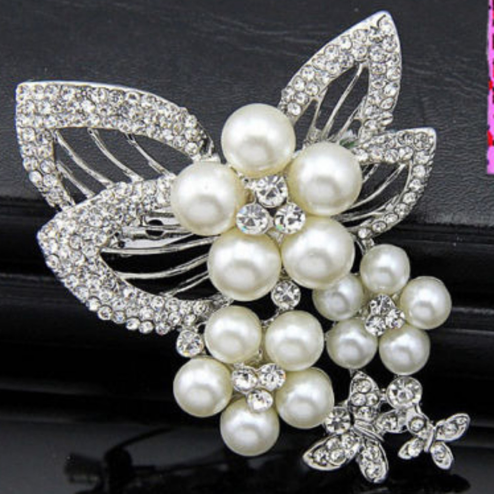 Pearl and Rhinestone Butterfly Brooch